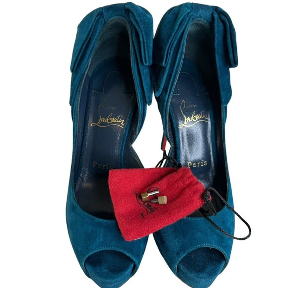 Christian Louboutin Rabakate Platform D’Orsay Pumps Teal Green Suede US 5 EU 35